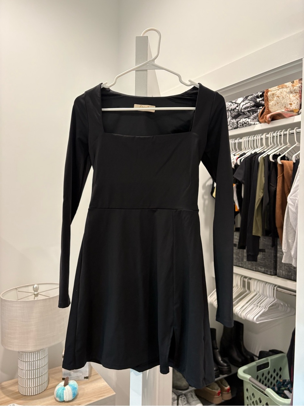 Black Long-Sleeve Square Neck A-Line Dress